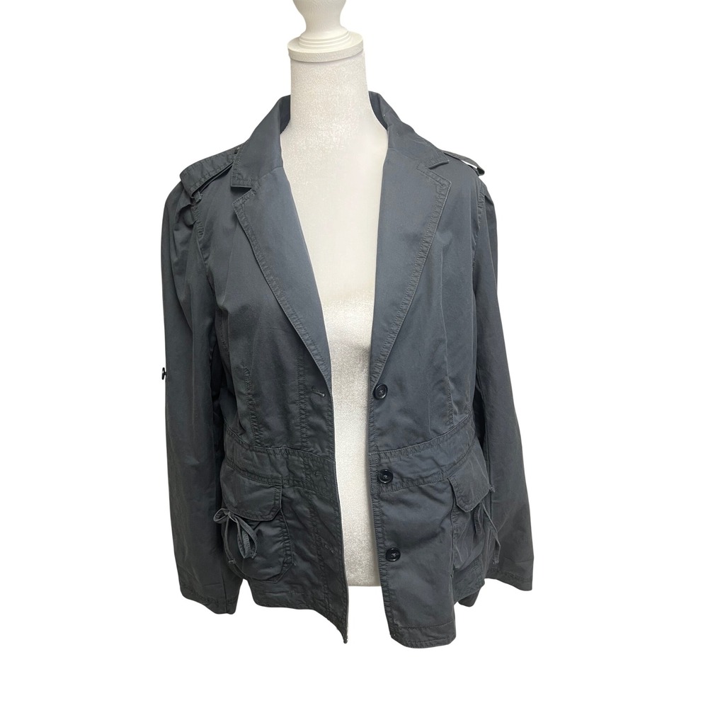 LOFT Utility Blazer Jacket Womens Sz L Gray Cargo Military Roll Tab Sleeve